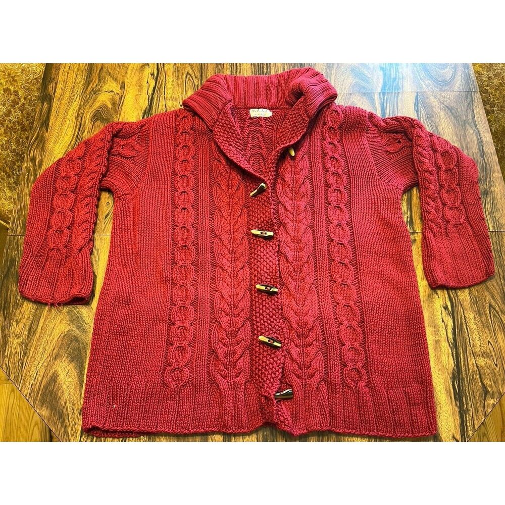 RICO Hand Knits Dark Red 100% Cotton Collared Cardigan Sweater Sz L READ